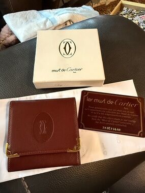 Cartier Burgundy Leather Coin Holder with Gold-Tone Corners Bordeaux